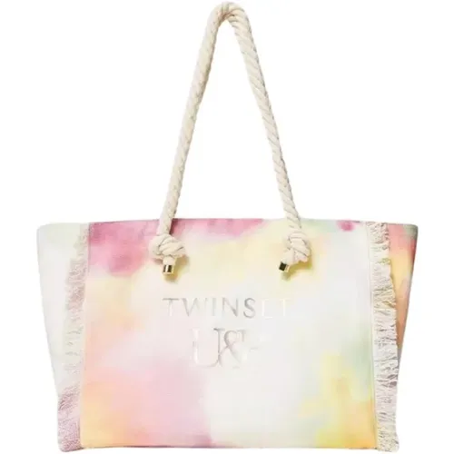 Canvas Shopping Bag with Fringed Trim and Digital Print , female, Sizes: ONE SIZE - Twinset - Modalova