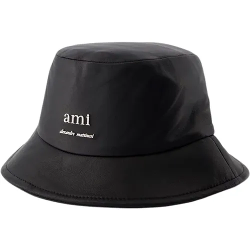 Hats, unisex, , Size: 60 CM Leather Bucket Hat with Brass Details - Ami Paris - Modalova