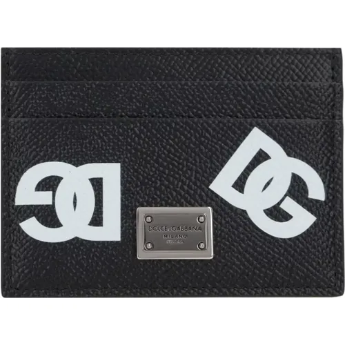 Schwarze Leder-Kreditkartenbrieftasche mit DG-Druck - Dolce & Gabbana - Modalova