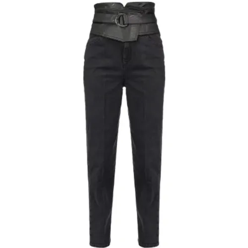 High Waist Eco-Leder Einsatz Slim Jeans , Damen, Größe: W25 - pinko - Modalova
