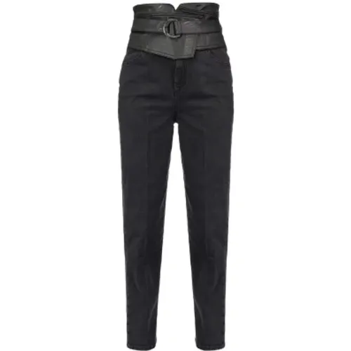 High Waist Eco-Leder Einsatz Slim Jeans , Damen, Größe: W29 - pinko - Modalova