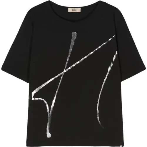 Schwarzes T-Shirt mit weißem Druck , Damen, Größe: M - Herno - Modalova