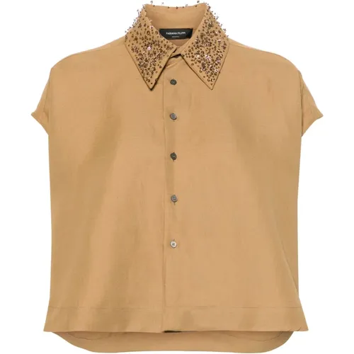 Cognac Linen Shirt with Bead Embellishment , female, Sizes: S - Fabiana Filippi - Modalova