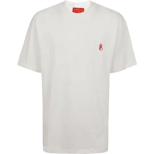 Flames Logo Weißes T-Shirt Metall-Label , Herren, Größe: XS - Vision OF Super - Modalova
