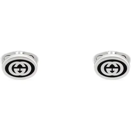 Cufflinks & Tie Clips, female, , Size: ONE SIZE Cufflinks in sterling silver and black enamel with Interlocking G detail - Gucci - Modalova