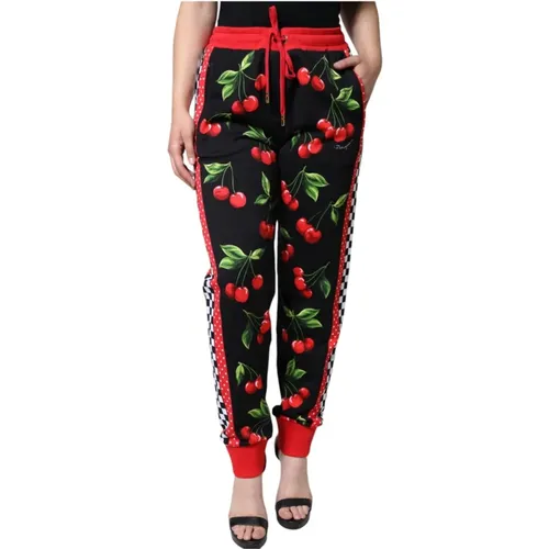 Sweatpants, female, , Size: L Cherry Print Jogger Pants Black Red - Dolce & Gabbana - Modalova