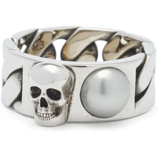 Rings, male, , Size: 60 MM Skull Chain Ring Silver Logo - alexander mcqueen - Modalova