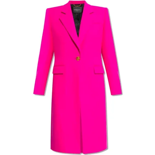 Single-Breasted Coats, female, , Size: XS Fuchsia Wool Long Coat Two-Pocket Design - Versace - Modalova