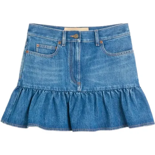 Denim Skirts, female, , Size: 2XS Denim Mini Skirt with Flounce - Valentino Garavani - Modalova