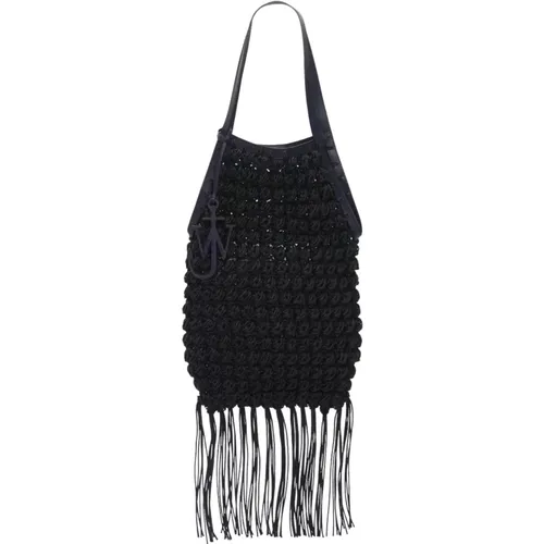 Shoulder Bags, female, , Size: ONE SIZE Navy Fringed Crochet Shopper Bag - JW Anderson - Modalova