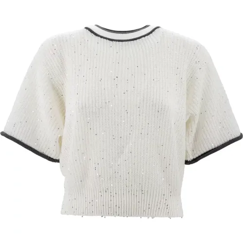 Weiße Leinenmischung Pullover mit Kontrastierendem Rand - BRUNELLO CUCINELLI - Modalova