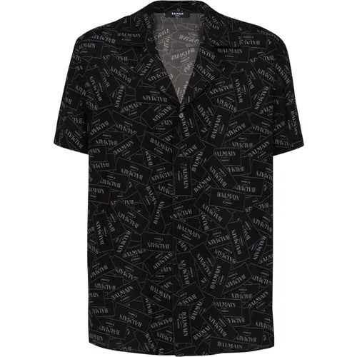 Pyjama shirt with all-over label print , male, Sizes: L, XL, S, M - Balmain - Modalova