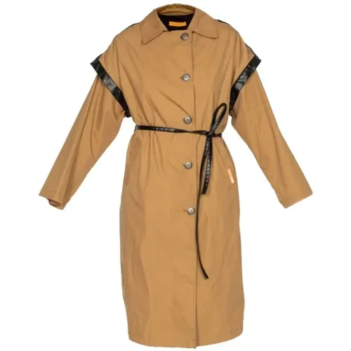 Long Tobacco Trench with Black Faux Leather Details , female, Sizes: XS, S - OOF Wear - Modalova