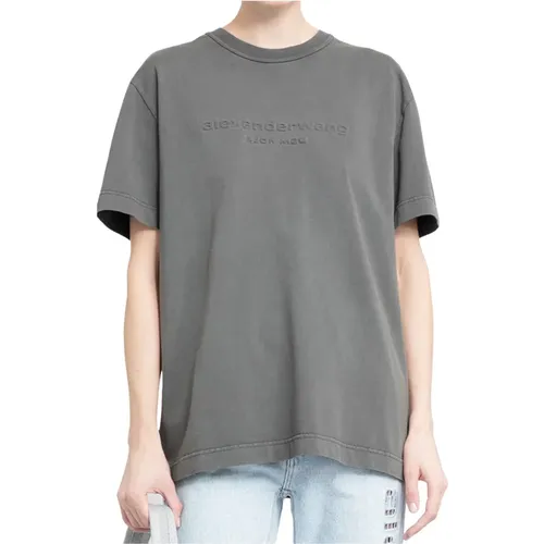 Graues T-Shirt mit geprägtem Logo und Acid Wash , Damen, Größe: S - alexander wang - Modalova