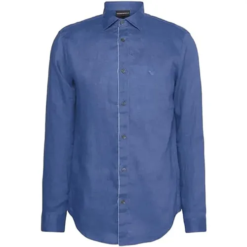 Blaues Leinenhemd mit Kontrastlogo - Emporio Armani - Modalova