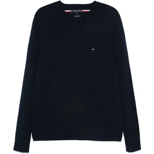 Blauer Wollstrick Rundhals Pullover , Herren, Größe: L - Tommy Hilfiger - Modalova