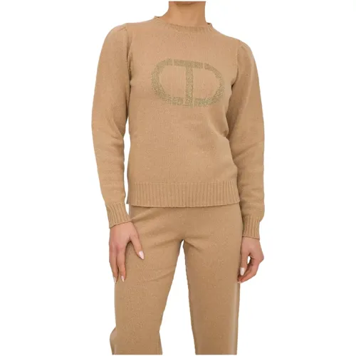 Beiger Kaschmirpullover mit Intarsienmuster , Damen, Größe: S - Twinset - Modalova