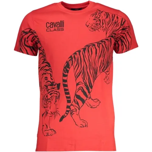 Rotes Baumwoll-Print-Logo-T-Shirt , Herren, Größe: M - Cavalli Class - Modalova