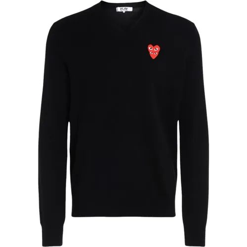 V-neck Knitwear, male, , Size: XL Sweater with Overlapping Hearts - Comme des Garçons Play - Modalova