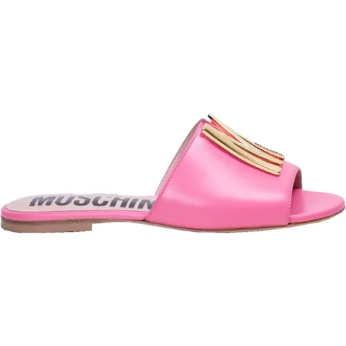 Sliders, female, , Size: 6 US Golden M Logo Leather Sliders - Moschino - Modalova