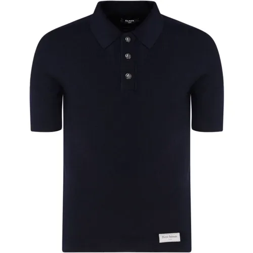 Navy Wool Logo Patch Polo Shirt , male, Sizes: XL, S, M, L - Balmain - Modalova