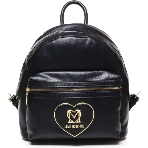 Schwarzer Leder Rucksack mit Reißverschluss,Schwarzer Rucksack mit metallischem Logo - Love Moschino - Modalova