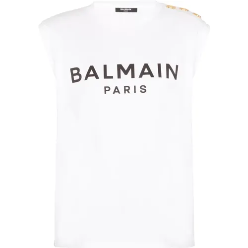 T-Shirt aus Öko-Baumwolle mit aufgedrucktem -Logo,Weiße Top mit Logo-Print,Weiße Ärmelloses Top mit Print,Klassisches Tanktop - Balmain - Modalova