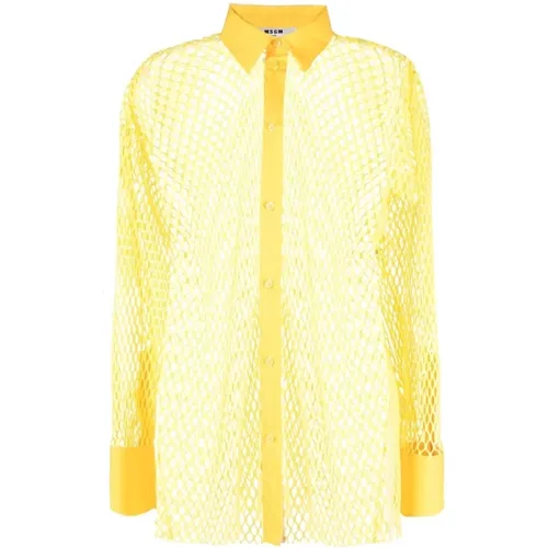 Gelbes Baumwoll-Mesh-Shirt mit tonalen Popeline-Besätzen , Damen, Größe: XS - Msgm - Modalova