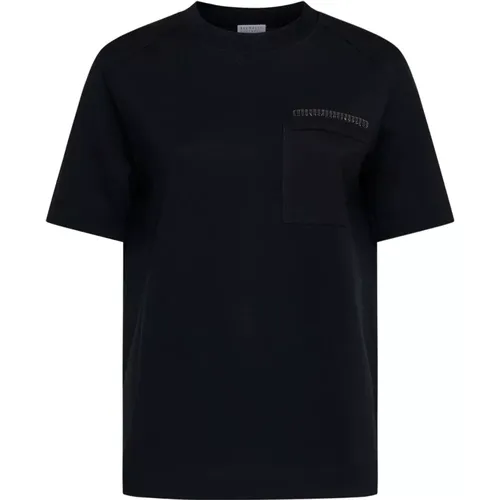 Schwarzes Baumwoll-T-Shirt mit Monile-Verzierung - BRUNELLO CUCINELLI - Modalova