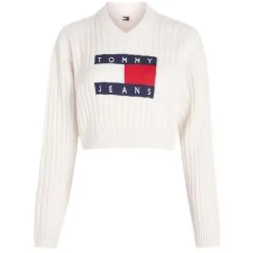 Cropped Sweater mit V-Ausschnitt , Damen, Größe: S - Tommy Jeans - Modalova