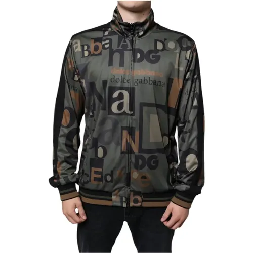 Zip-throughs, male, , Size: 3XL Logo Polyester Sweater with Striped Details - Dolce & Gabbana - Modalova