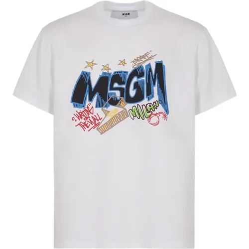 Weißes T-Shirt mit Multicolor-Print - Msgm - Modalova