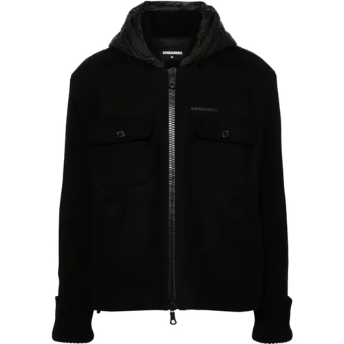 Zip-throughs, male, , Size: 2XL Hooded Wool Coat - Dsquared2 - Modalova