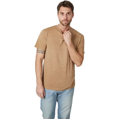 Braunes T-Shirt aus Leinenmischung mit Kurzen Ärmeln - Amaránto - Modalova