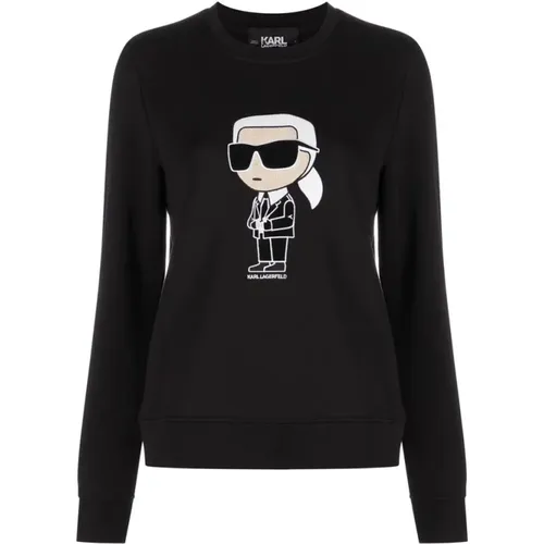 Schwarzer Bio-Baumwoll-Sweatshirt mit signiertem Ikonik-Motiv , Damen, Größe: S - Karl Lagerfeld - Modalova