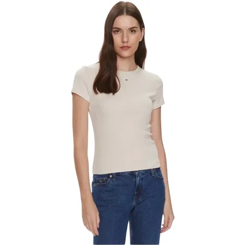 Geripptes Baumwoll-Slim-Fit-T-Shirt , Damen, Größe: XL - Tommy Jeans - Modalova