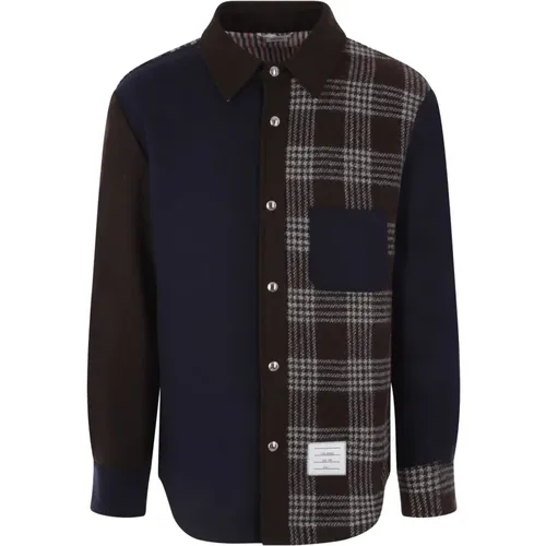 Thom , Navy Wool Jacket with Prince of Wales Check Pattern , male, Sizes: L, M - Thom Browne - Modalova