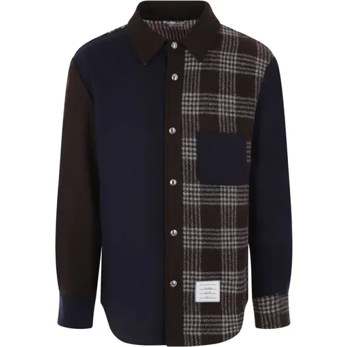 Thom , Navy Wool Jacket with Prince of Wales Check Pattern , male, Sizes: M - Thom Browne - Modalova