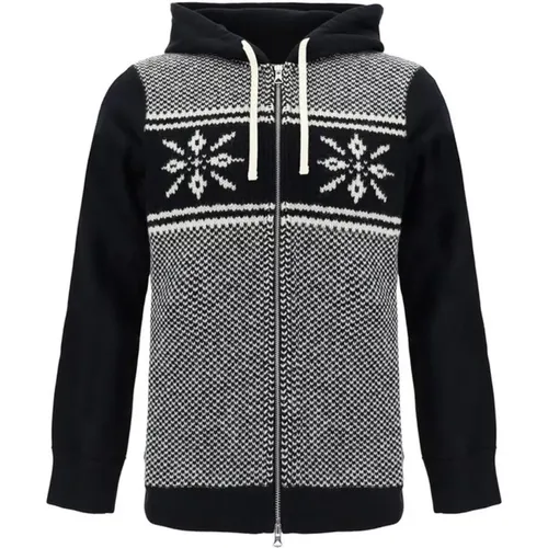 Zip-throughs, male, , Size: L Cotton Hooded Sweatshirt with Wool Knit - Junya Watanabe - Modalova