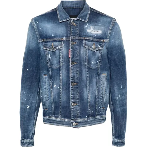 Denim Jackets, male, , Size: M Denim Distressed Paint Splatter Jacket - Dsquared2 - Modalova