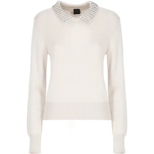 Round-neck Knitwear, female, , Size: XS Sweater with collar and rhinestones - pinko - Modalova