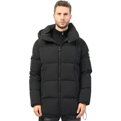 Schwarze Lange Daunenjacke mit Kapuze , Herren, Größe: 2XL - Afterlabel - Modalova