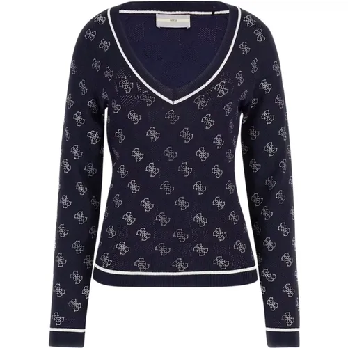 Blaue V-Ausschnitt Pullover , Damen, Größe: XL - Guess - Modalova
