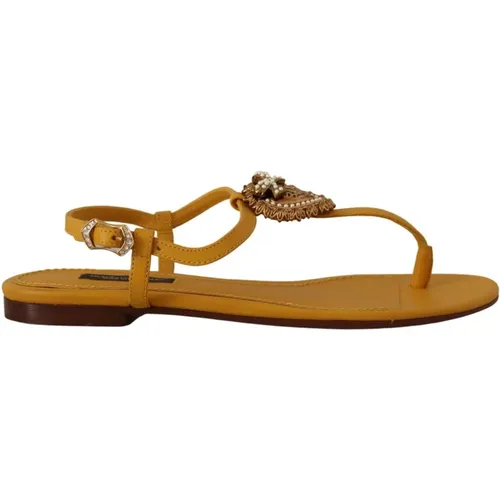 Flat Sandals, female, , Size: 5 US Mustard Leather Flats Sandals - Dolce & Gabbana - Modalova