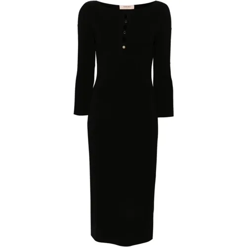 Schwarzes Geripptes Strick-Midi-Kleid - Twinset - Modalova