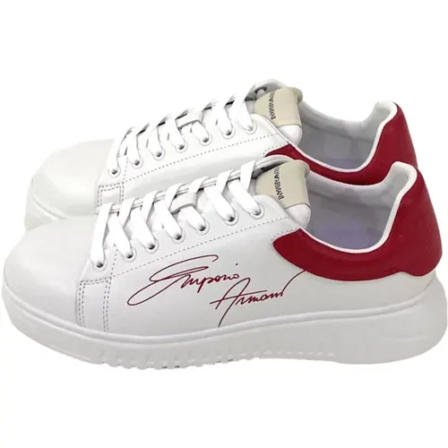 Sneakers, male, , Size: 13 US White Leather Mens Sneakers with Red Logo - Emporio Armani - Modalova