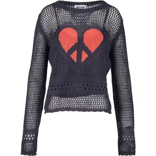 Round-neck Knitwear, female, , Size: M Mesh Heart Long Sleeve Crop Top - Moschino - Modalova