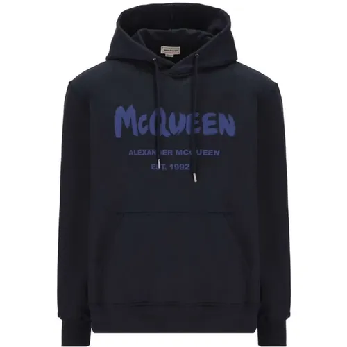 Blaue Baumwoll-Sweatshirt mit Logodetail - alexander mcqueen - Modalova