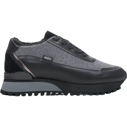 Damen Schwarze & Graue Leder Low-Top Sneakers mit Pelz für den Winter Er00114141 , Damen, Größe: 36 EU - Estro - Modalova