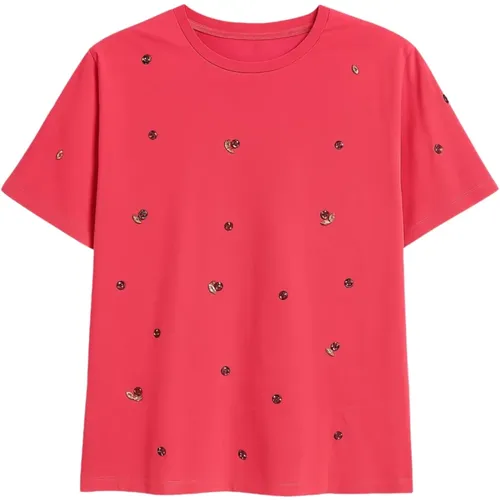 T-Shirts, female, , Size: M Fuchsia Embroidered Cotton Stretch T-shirt - Clips - Modalova